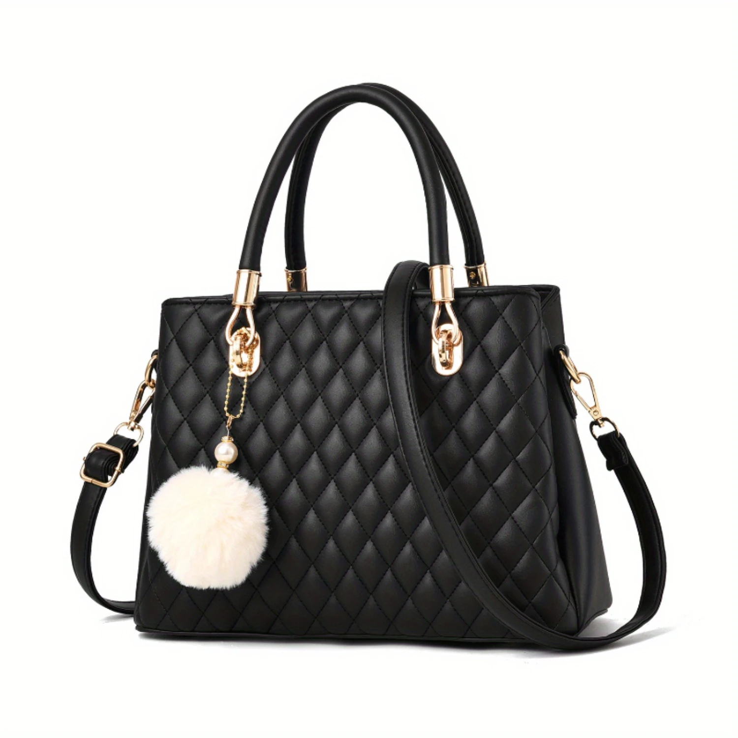 Women's Leather Purses Top-handle Shoulder Bag with Pompon