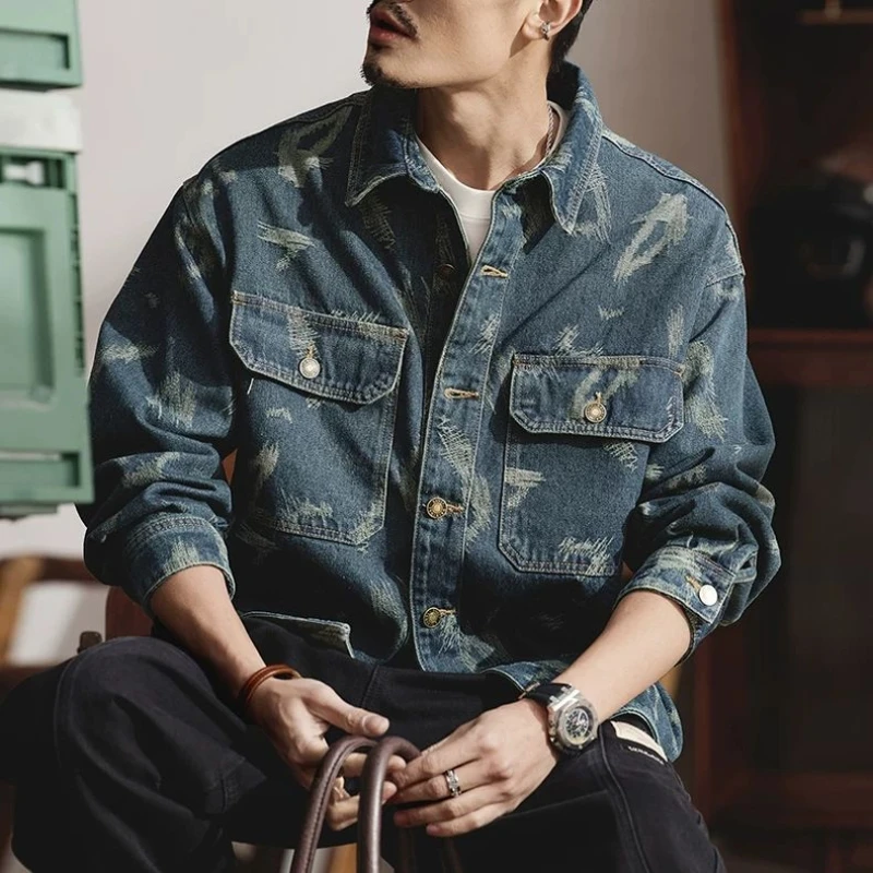 

Men's Loose Casual Workwear Jacket Autumn New Style Regular Length Other Material Male Fashion Brand Retro Print Denim Shirt