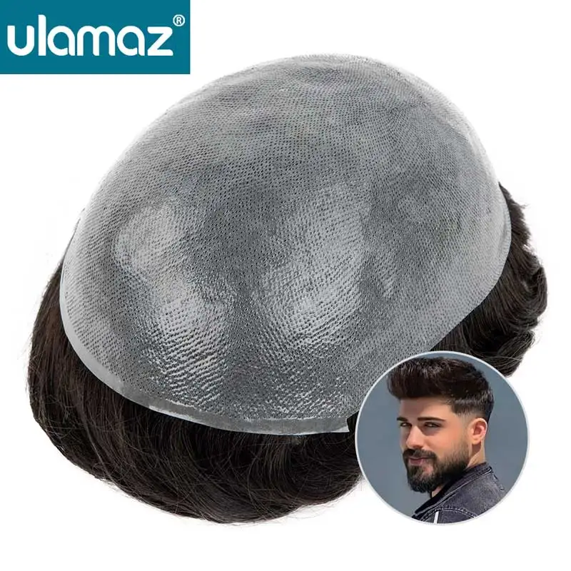 

0.08mm Knotted Skin Toupee Capillary Male Hair Prosthesis Durable Mens Wig Indian Human Hair Wig 100% Natural Wig Man Hairpiece