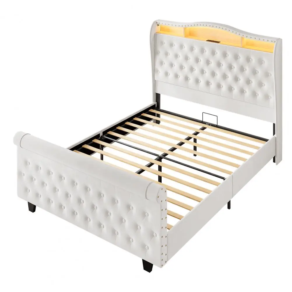 Queen Size Bed Frame with LED Lights & Charging Station Upholstered Velvet Bed Frame with Wingback Headboard