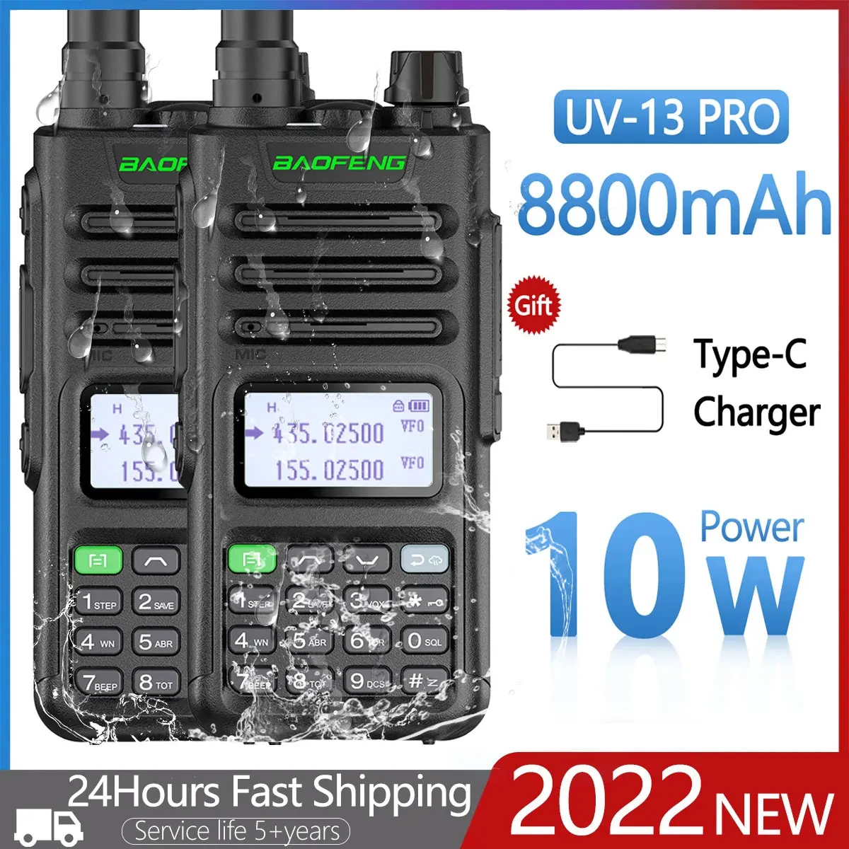 

2PCS Baofeng UV-13 PRO V1 V2 High Power 999CH Waterproof Walkie Talkie Dual Band 16KM Long Range Type-C Charger Two Way Radio