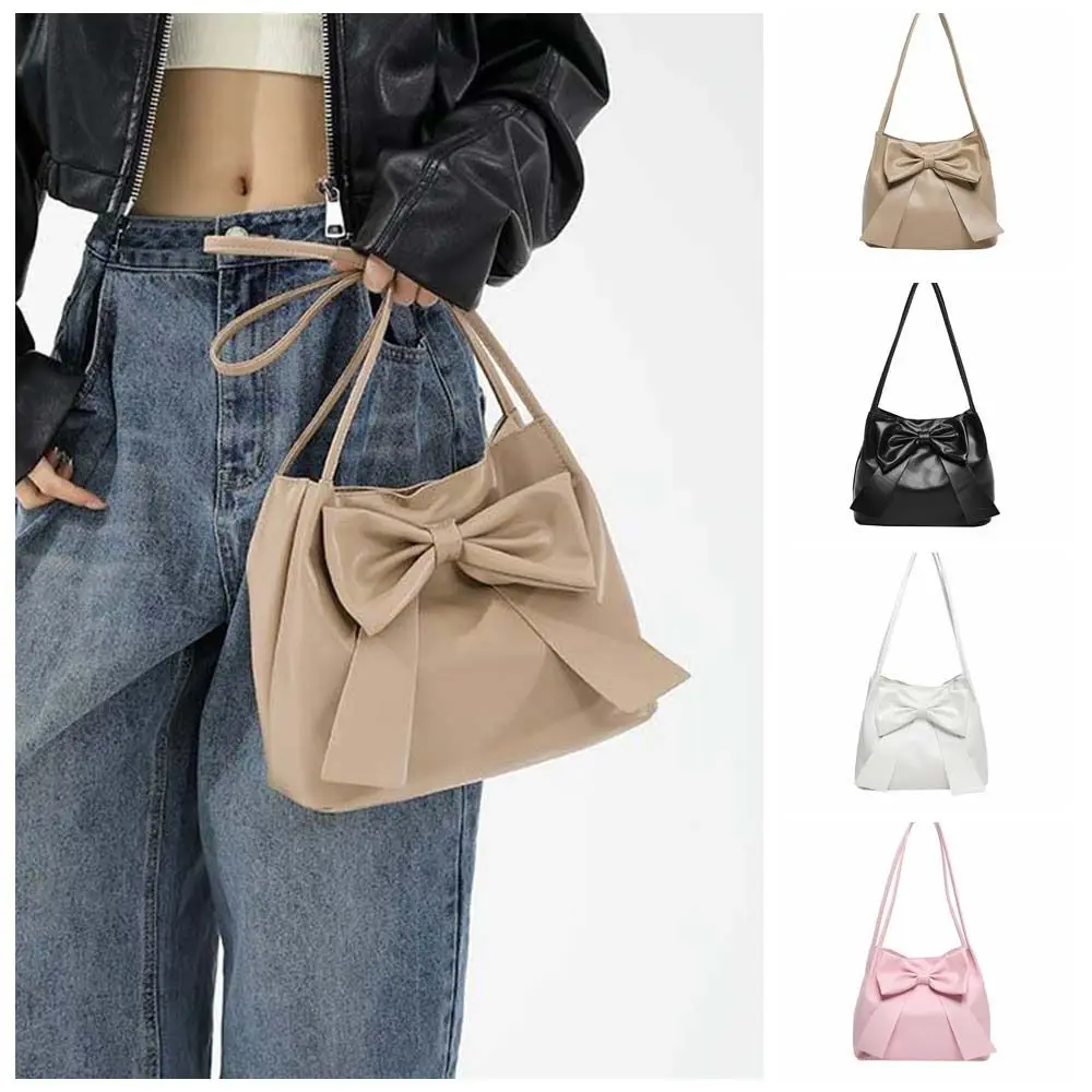 

Temperament Solid Color PU Bow Shoulder Bag Bucket Bag Portable INS Tote Bag Korean Style Luxury Fashion Underarm Bag Decoration