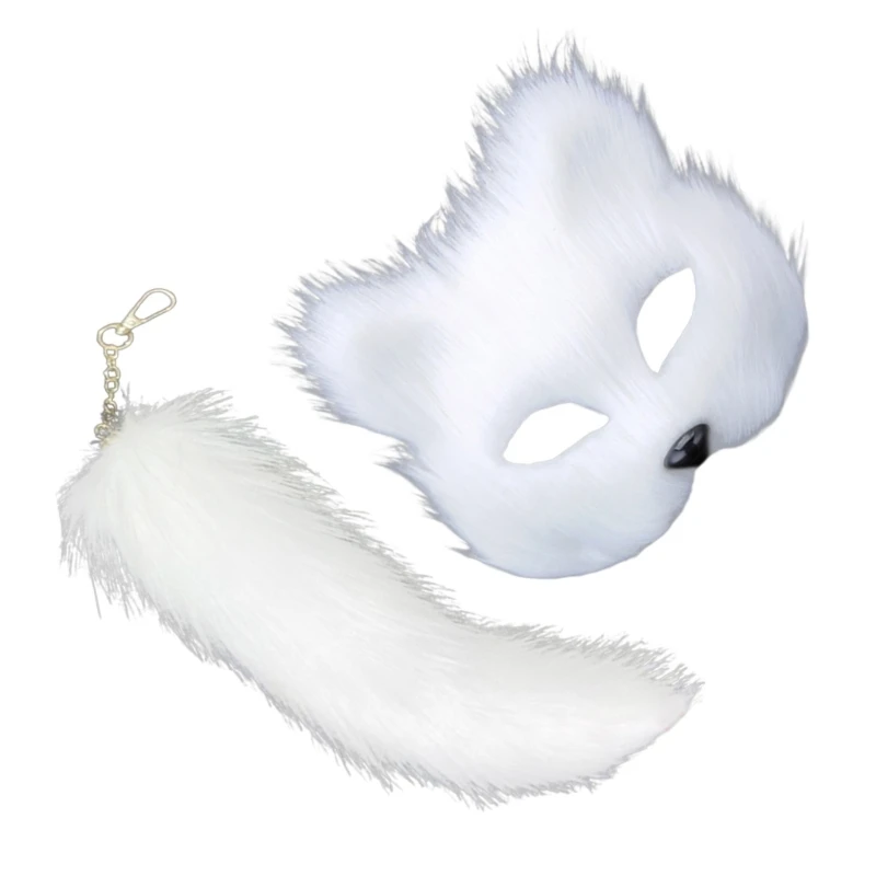 Therian Mask and Tail for Women Girls Fuzzy Cats Foxes Wolf Mask Tail Keychain Cosplays Halloween Costume