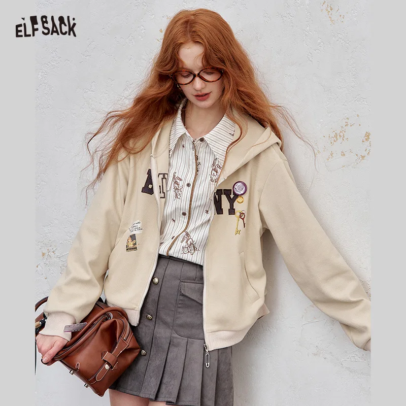 

ELFSACK 2025 Autumn New Arrival Casual Embroidered Logo Oversized Zip Hoodie Streetwear Pullover For Woman