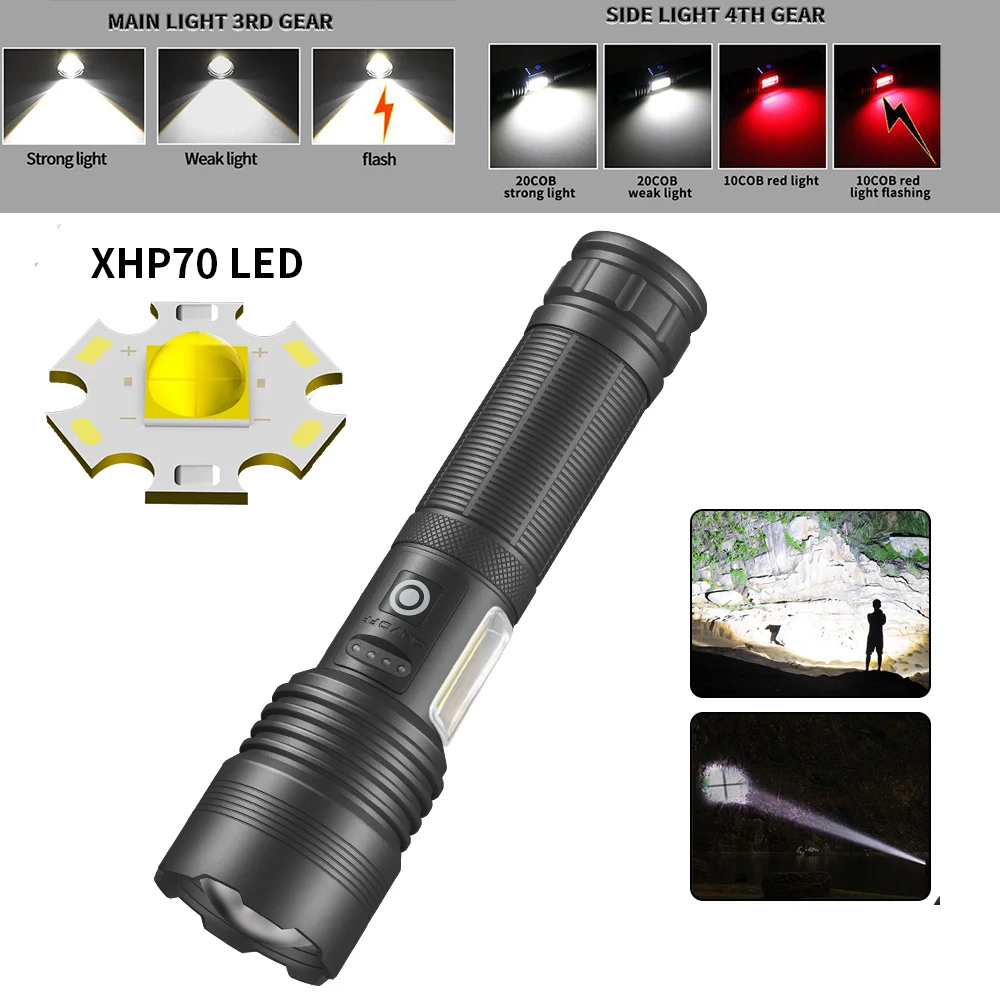 

Tactial XHP70 LED Flashlight 8 Modes Long Range Torch USB Rechargeable Lamp Waterproof Zoom Outdoor Camping Hand Lantern