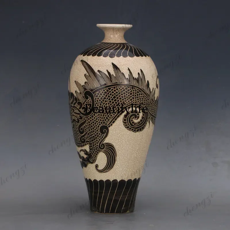 H178Hand-painted dragon-patterned plum bottles, antique porcelain old goods unearthed antiques,   home collectibles