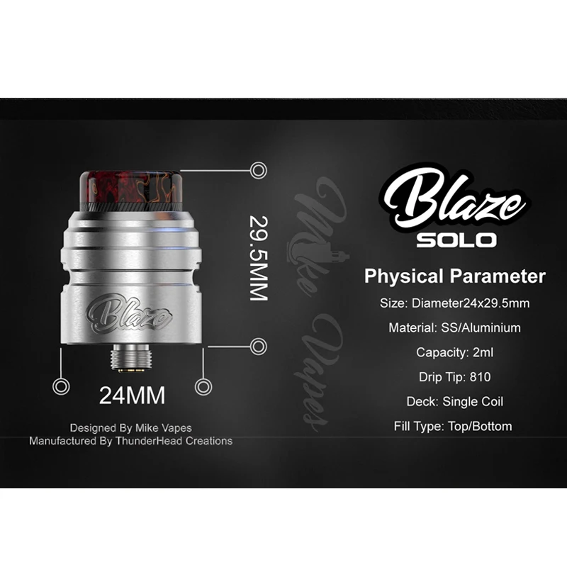 Original ThunderHead Creations Blaze Solo RDA 2ml Tanque 24mm 510 Thread 810 Drip Tip Vape Atomizador Bobina Única VS Blaze RTA E-Cig