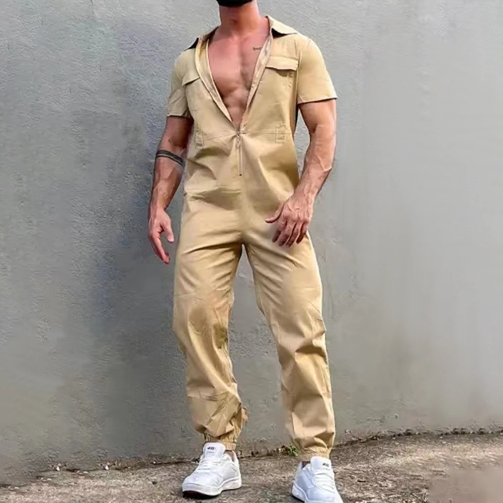 Mens Solid Color Overalls American Style Street Hip-Hop Fashion Retro Simple Handsome Casual Cargo Pant 2024 Spring And Summer