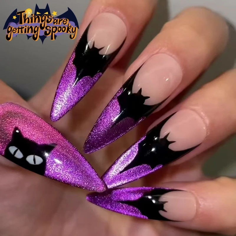 2024 New Halloween Fake Nail Wearing Purple Bat Detachable Nail Slices Nail Halloween Accessori Ornaments Holiday Gifts