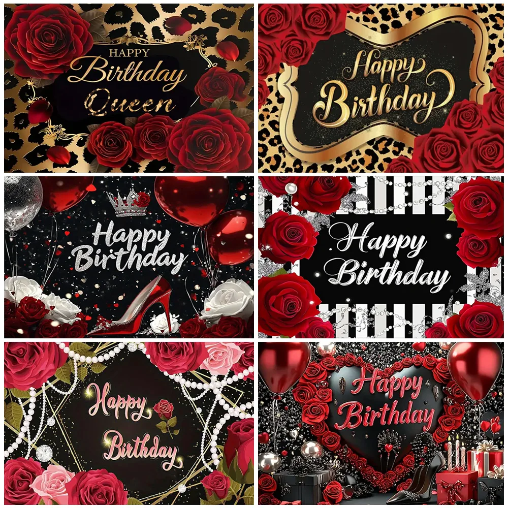 

Red Gold Black Happy Birthday Background Rose Gold Glitter Balloon High Heels Birthday Party Decorations Girl Favorite Backdrop
