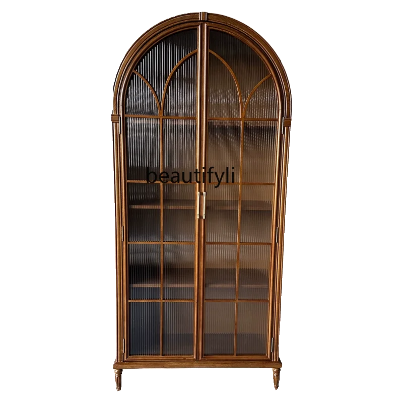 

Retro solid wood bookcase, living room art, glass bookshelf French light luxury arched decorative cabinet