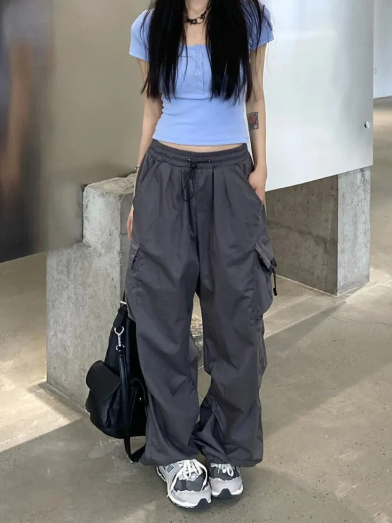 

Women Cargo Pants Vintage Streetwear Baggy Wide Leg Sweatpants Casual Drawstring Pocket Tech Joggers Trousers Men Pantalon Y2K