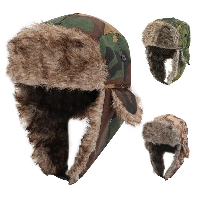 Winter man woman Camouflage Ushanka Men's Windproof Cycling Cold Protection Hat Electric Car Outdoor Fleece-lined Warm Hat caps