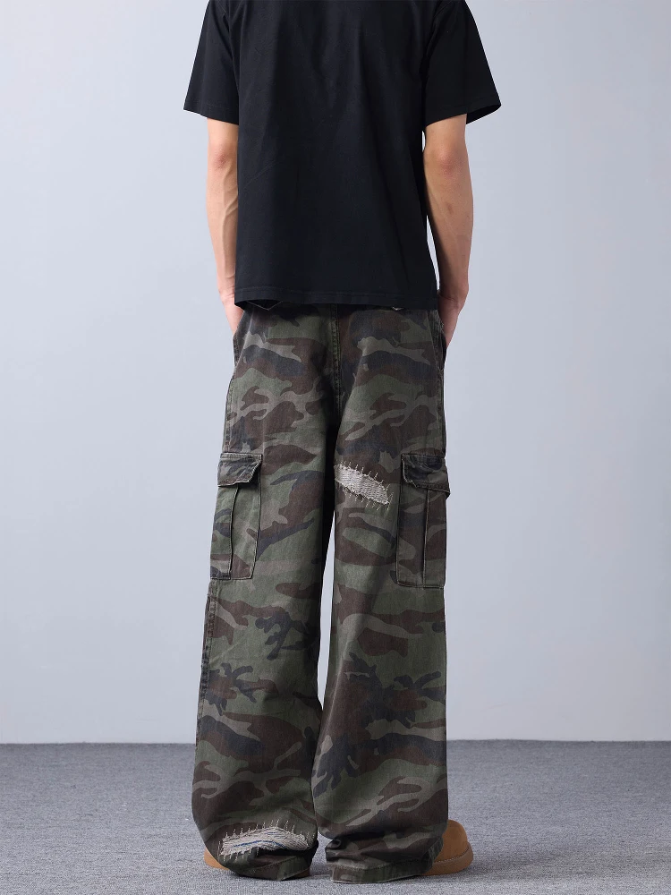 الرجعية الأمريكية التمويه هول تصميم جينز غير رسمي الرجال النساء شارع العليا Sle القطن العمل بنطلون مستقيم فضفاض صالح الجينز