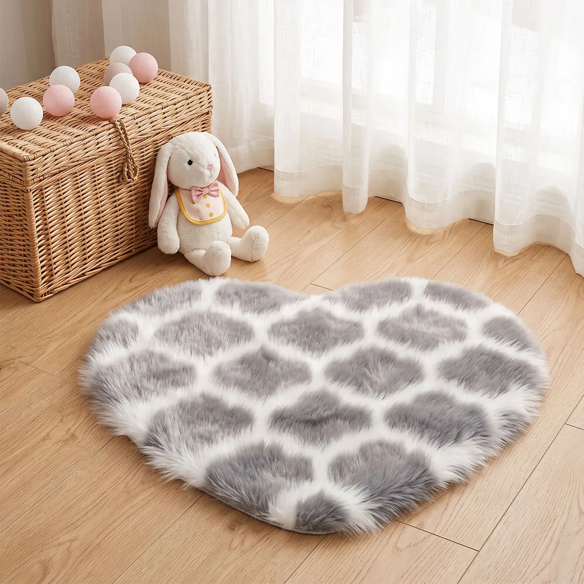 A gray and white contrasting long haired carpet, suitable for girls' rooms, entrance doors, balconies, foyer floor mats