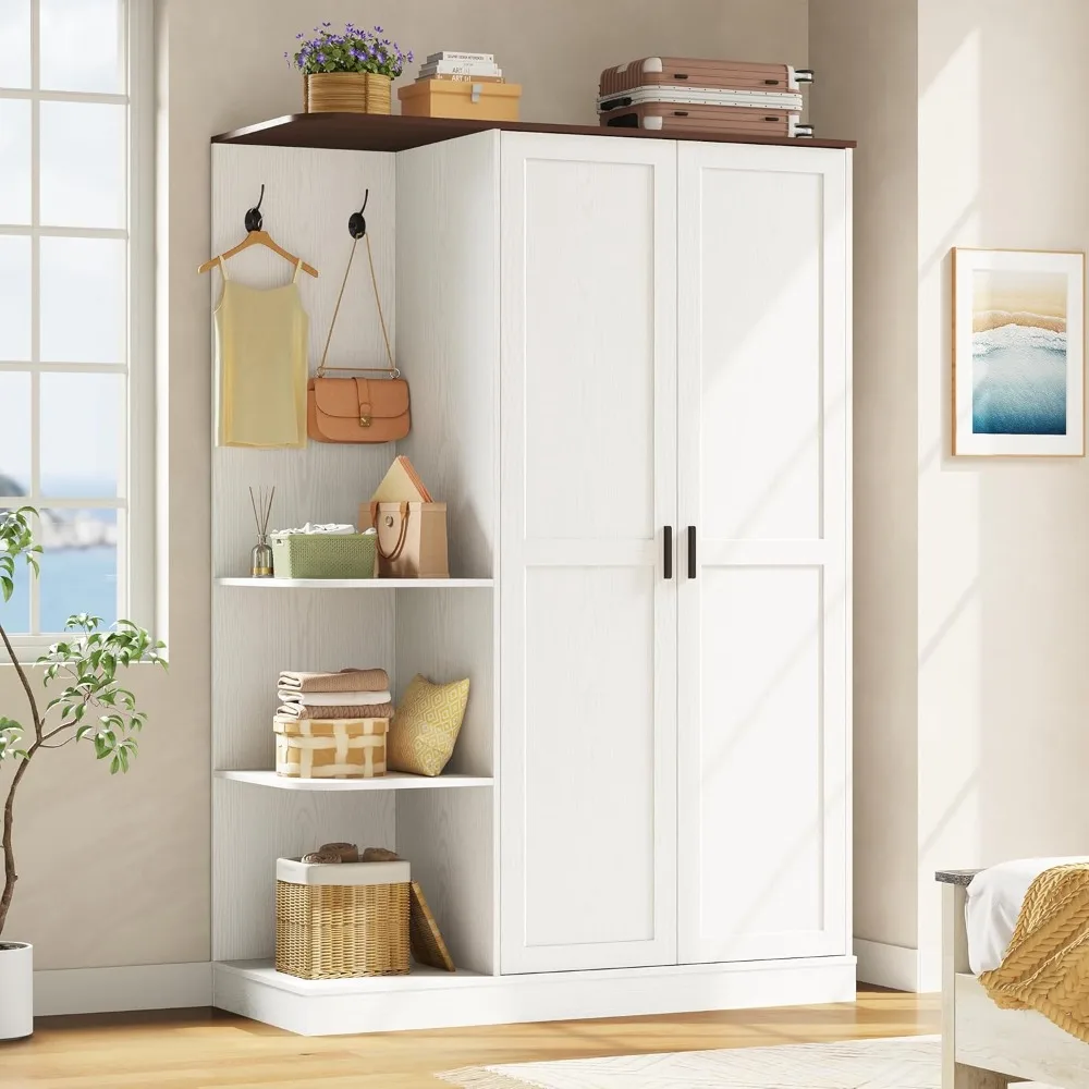 ACNTOR Wardrobe Closet, Modern Bedroom Armoires with 5 Shelves, 2 Doors, Large Wooden Closet Cabinet with 30W x 52H Hanging Area