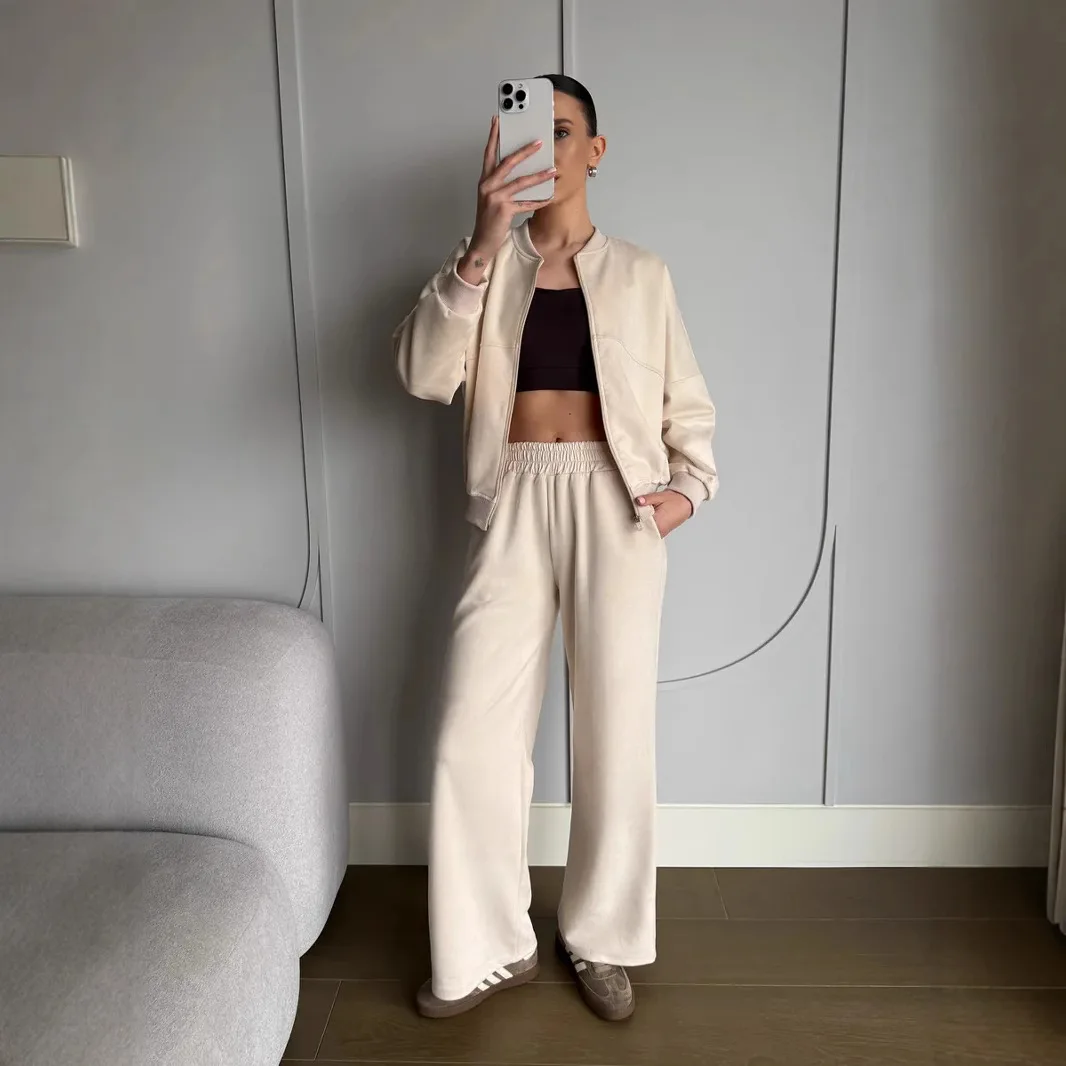 

Women's Casual 2-piece Set Retro Solid Color Zipper Tracksuit +Sweatpants Pants Set Women's Solid Fashion Lady Sportswear