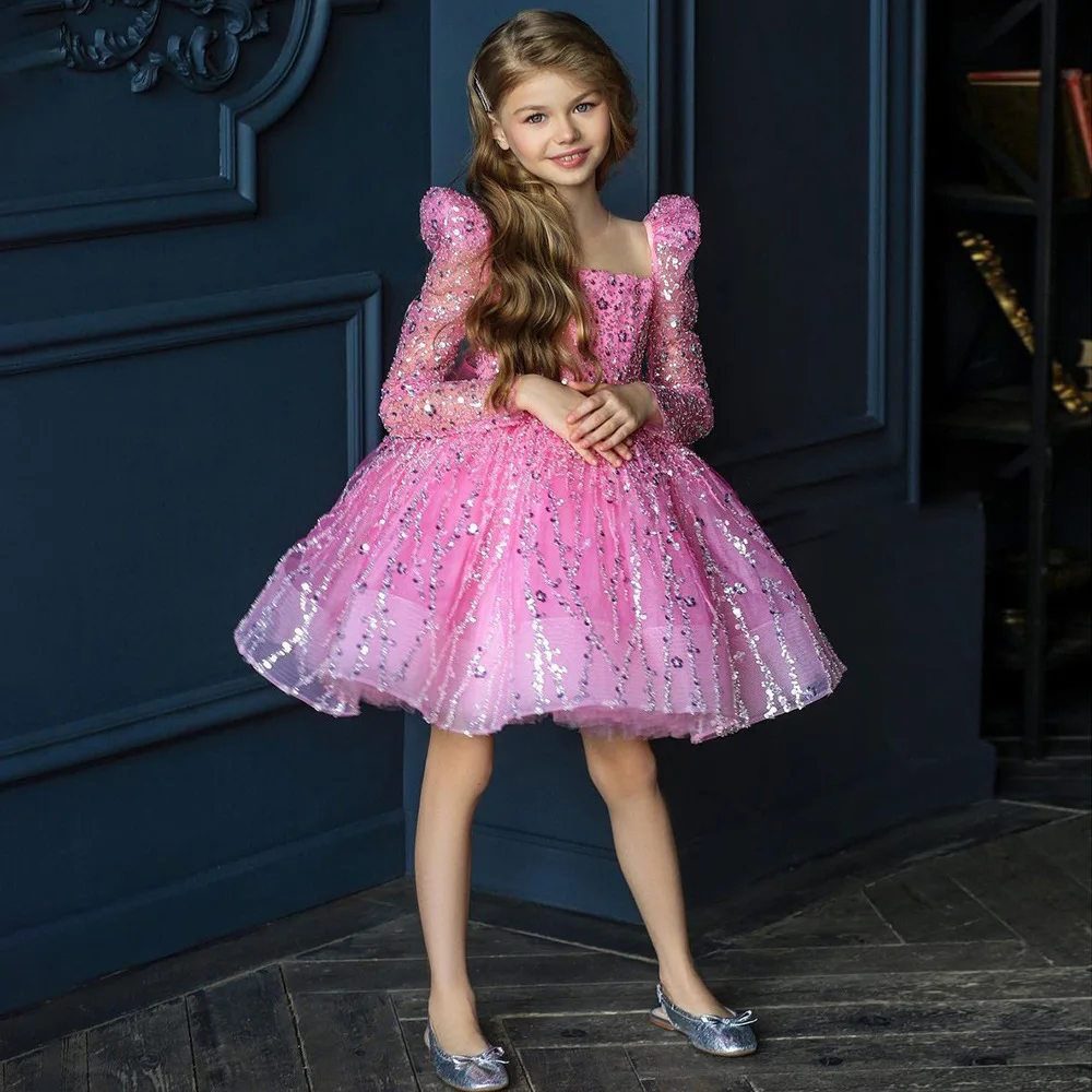 Lila rosa kurze Kristalle Blumen mädchen Kleider 2023 Ballkleid Pailletten elegante Kinder Geburtstag Festzug Erstkommunion Kleider