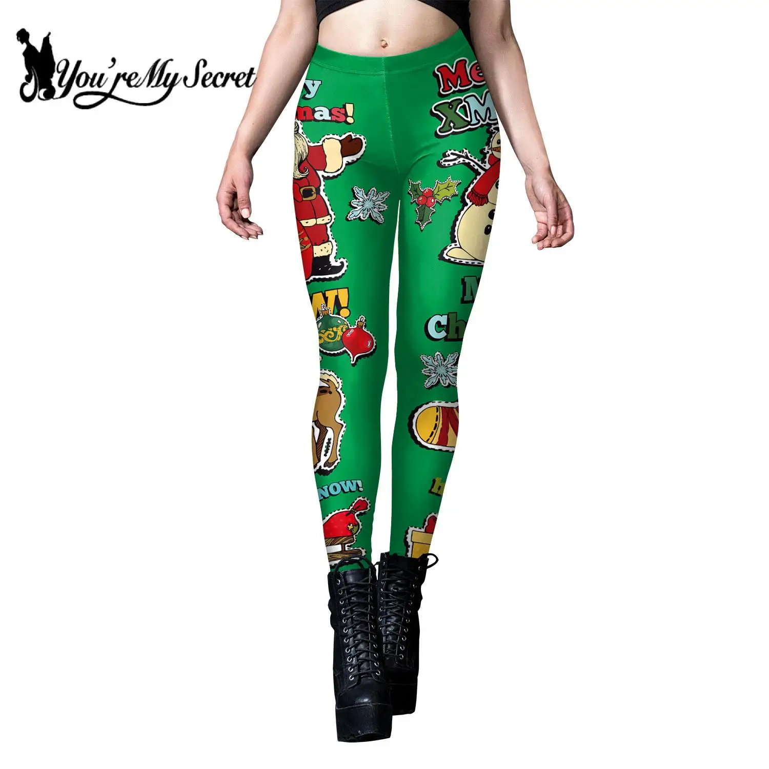 [You're My Secret] 女性用クリスマスレギンス セクシーなスノーフレークプリント ホリデーパーティーパンツ 女性用面白い弾性タイツズボン
