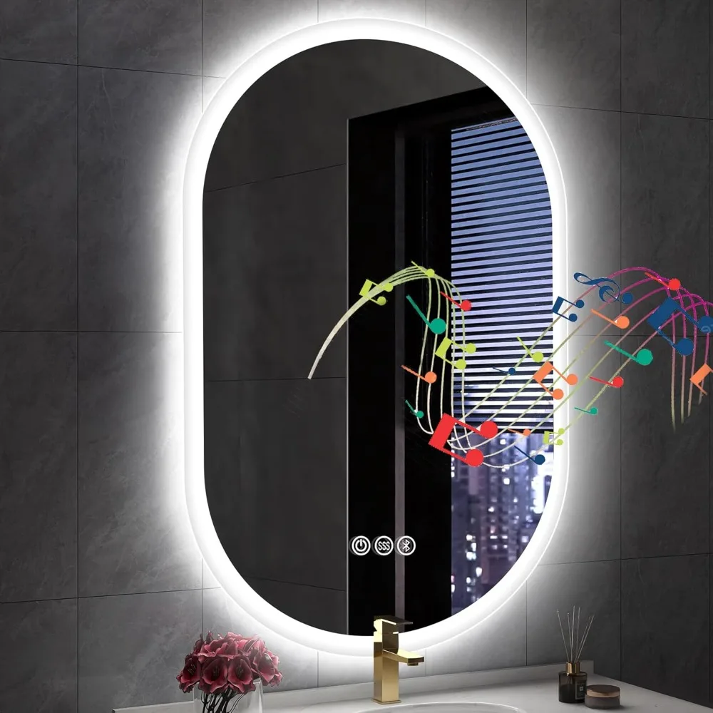 

S'bagno 24x36 Oval LED Bathroom Mirror with Lights, Anti-Fog, Bluetooth Speaker, 3 Colors Temperature & Dimmable, Lighted Mirror