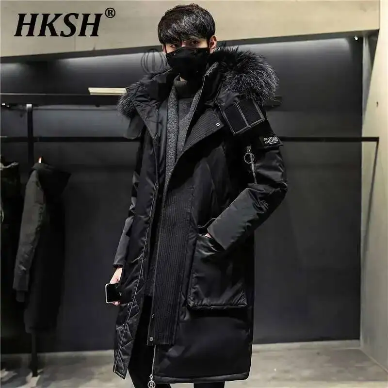 

HKSH Winter Autumn New Jacket Men's Tide Long Thicken Warm Big Fur Collar Trend Loose White Duck Down Hooded Cotton Coat HK0112
