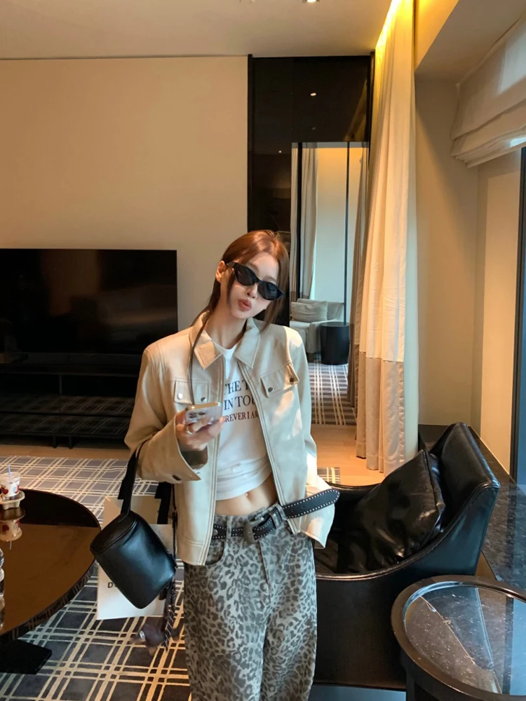 

American Style Short Leather Jacket Women's Loose Long Sleeve Zipper Coat Spring 2026 New Design Casual Fashion Outerwear