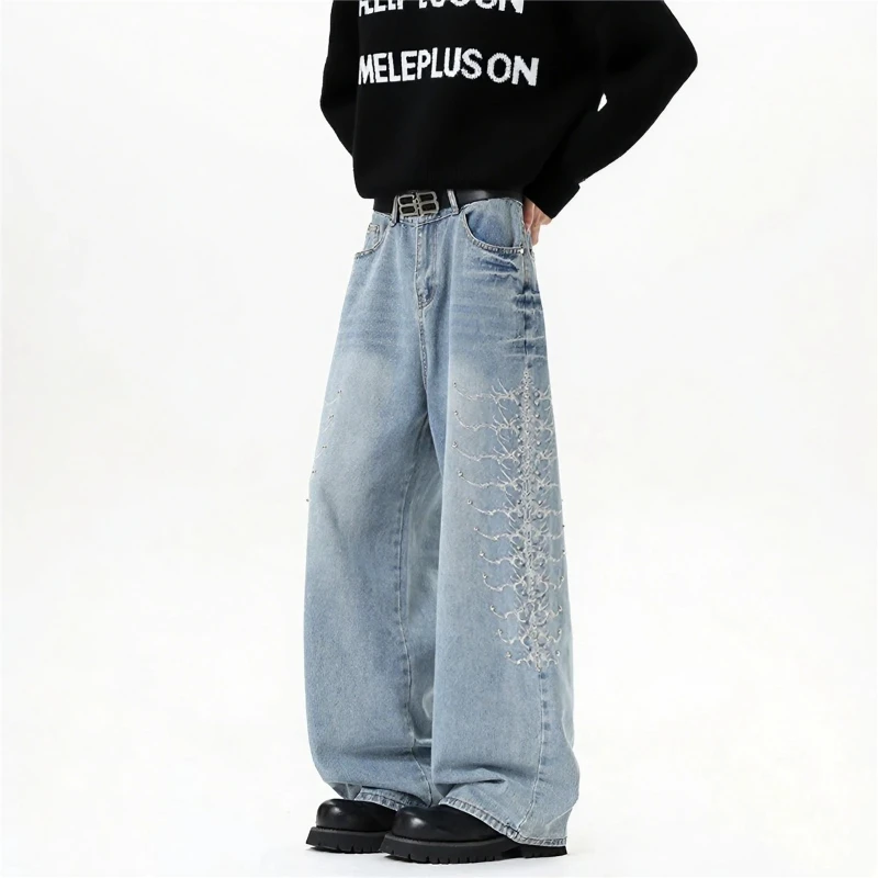 

Нишевый дизайн, мужские весенние джинсы, стиральные металлические заклепки, сплошной цвет, широкие брюки, универсальные персонализированные мужские джинсовые брюки