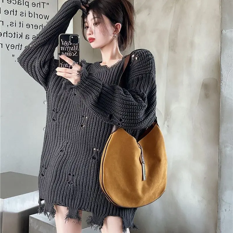 Hole Loose Lazy Style Pullovers Top Autumn Winter New Long Sleeve Solid Hollow Out Casual Sweaters Fashion Trend Women Clothing