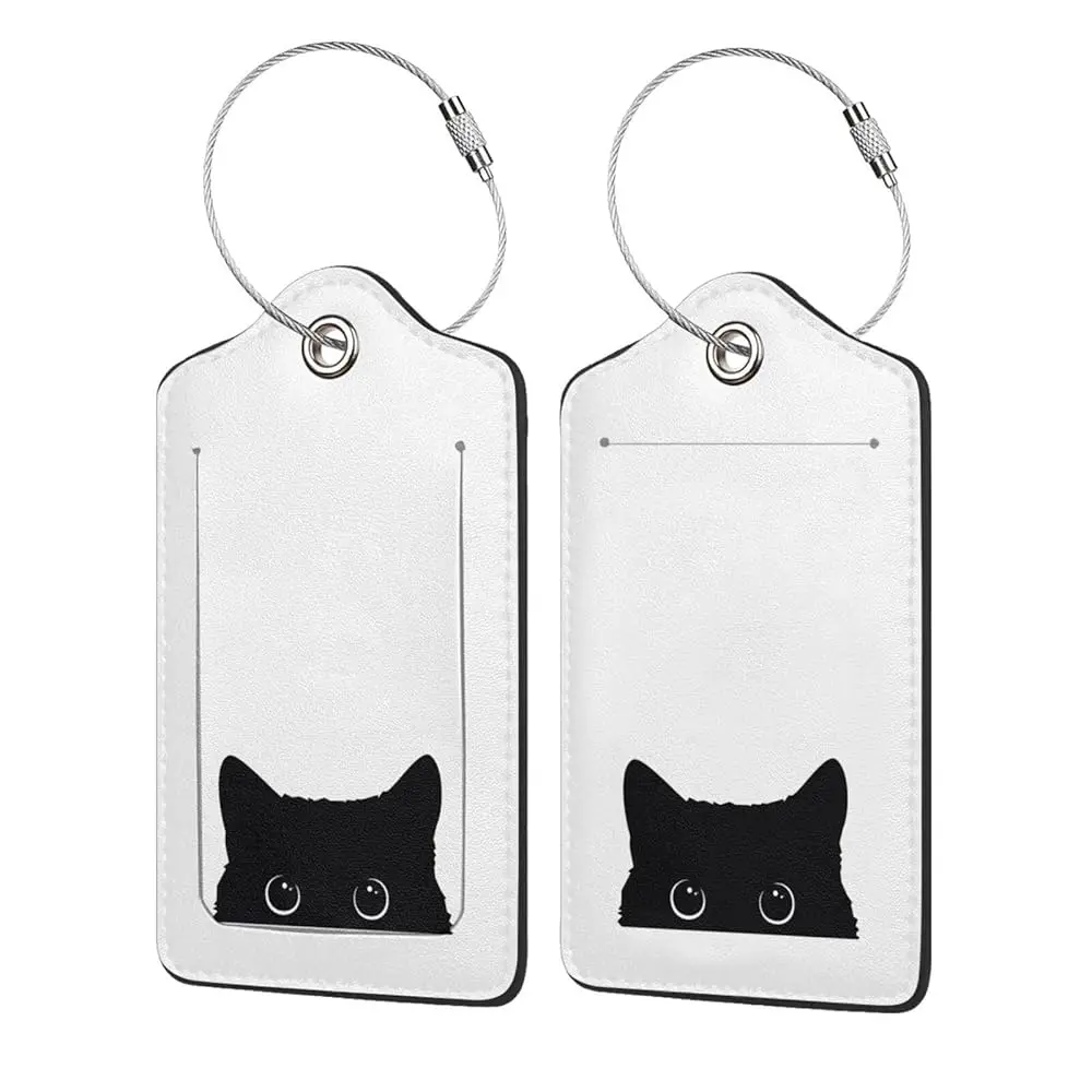 

2 шт. бирки для багажа из искусственной кожи с изображением кошки, идентификаторы для чемоданов с возможностью нанесения имени и адреса, прочные стальные крепления