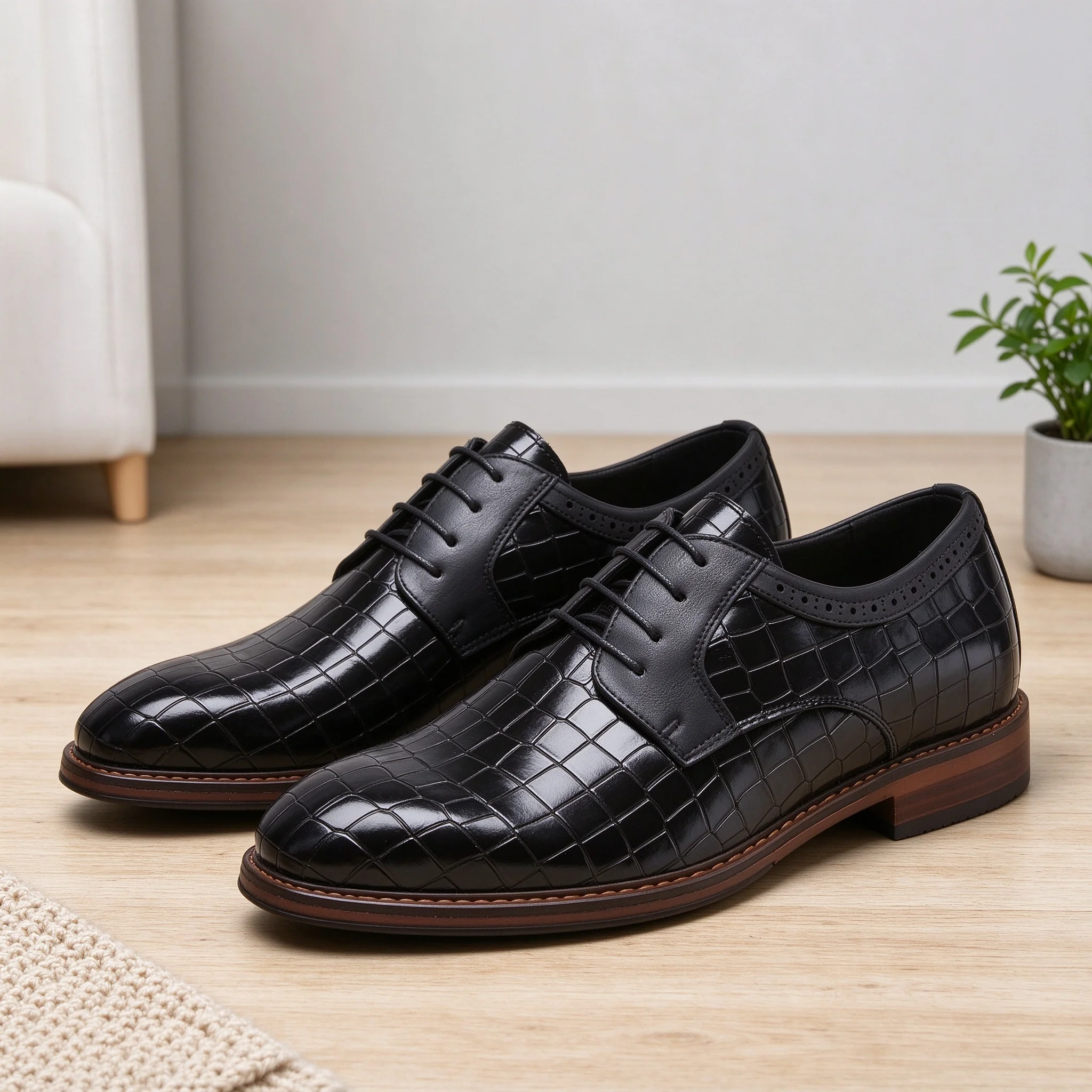 Desai Men's Dress Shoes Crocodile Print Faux Leather Oxford Lace Up Perforated Formal Business Shoes Comfortable Autumn Winter