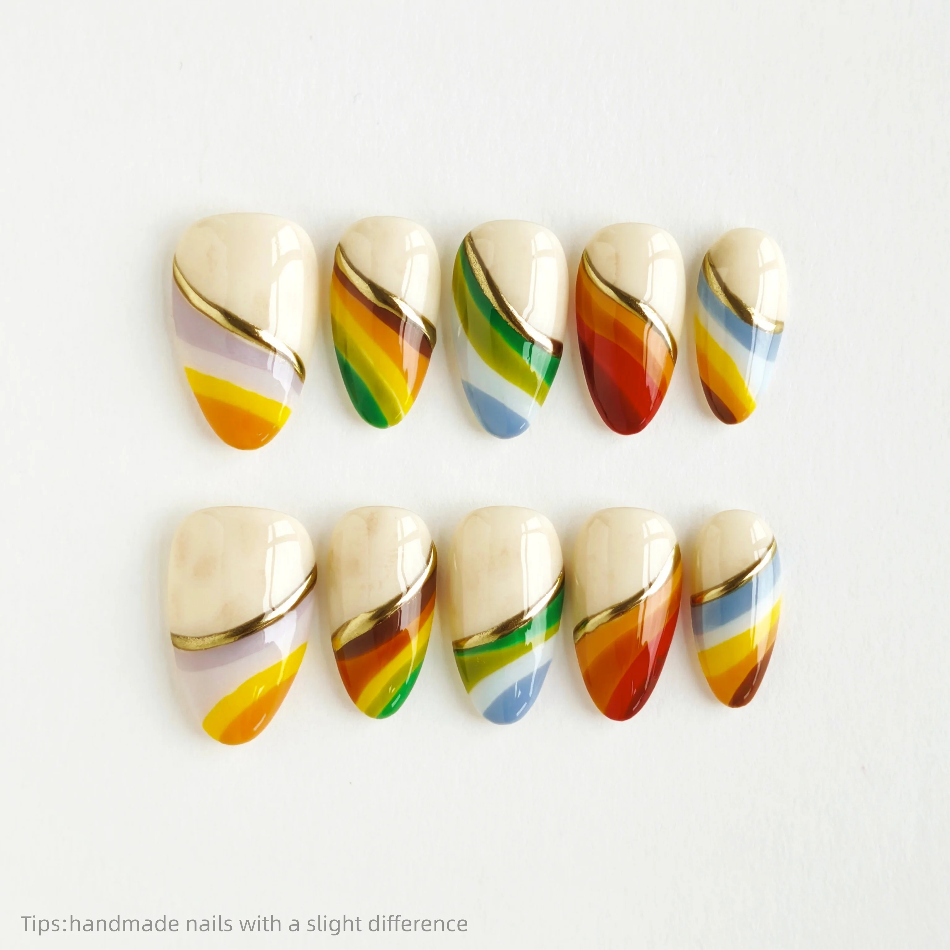 

10 шт. Накладные ногти ручной работы с золотым краем, короткие, в форме миндаля, художественные, разноцветные, с градиентным декором, искусственные ногти