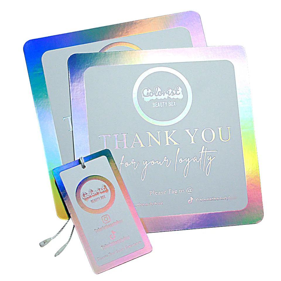 Custom LOGO Hologram Printing Hangtag for Clothing Glitter Laser Swing Tags Holographic Silver Thank You Card Boutique Gift Card