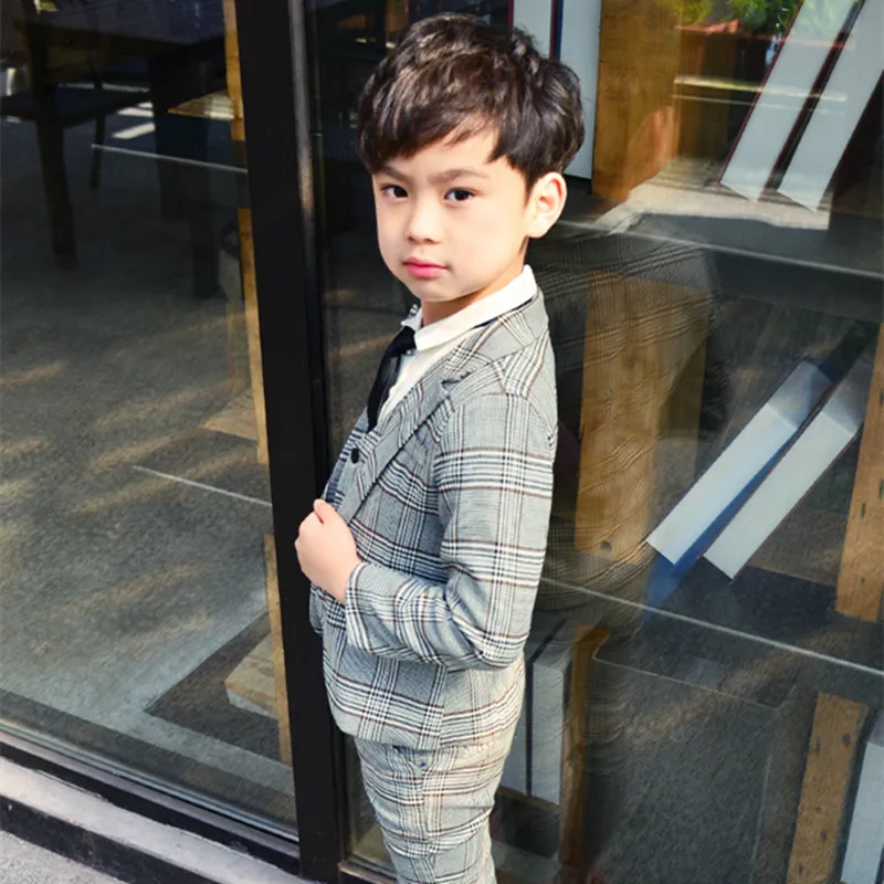 Boys Plaid Suit Jacket Kids Formal Tuxedo Dress 3 Pcs Clothes Sets Child Wedding Party Ring Bearer Blazer Pant Costumes Outfits