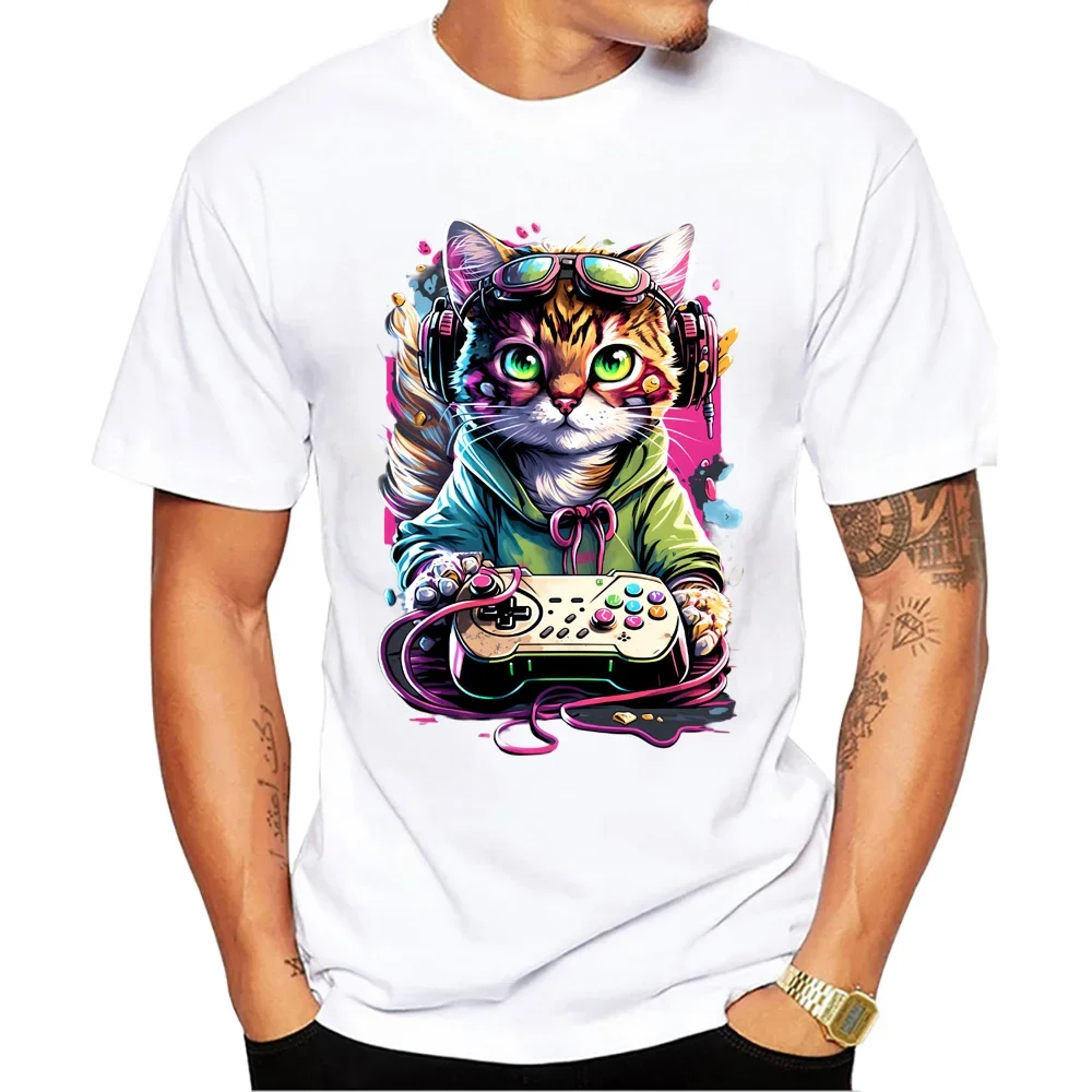 O-Neck Men Clothing Short Sleeve Male Casual Streetwear TEEHUB Vintage Cool Cat Play Round Neck Game Tops 3D Cat Print T-Shirt