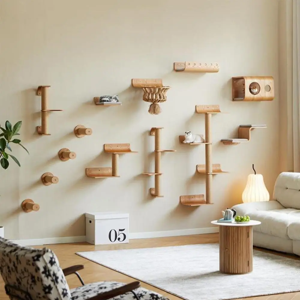 

Cat Climbing Shelves Perch for Cat Hammock Wooden Cat Tower Four-Step Ladders Sisal Steps & Post for Cat Play & Climb Furniture