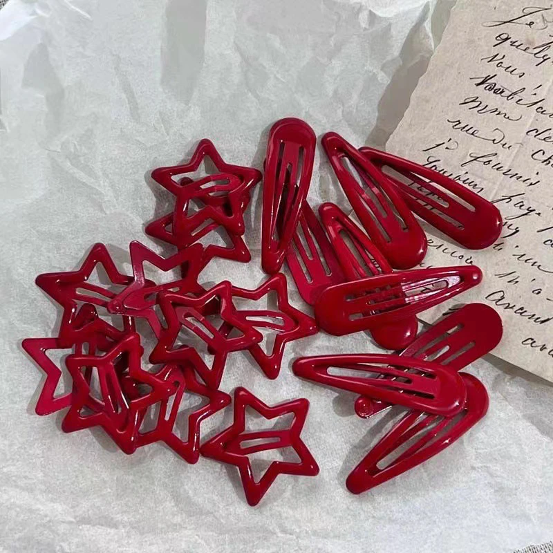 5pcs Y2k Cute Fashion Red Star Metal Snap Lucky Clip Hair Clips Women Girls Hairpins Barrettes Hair Jewelry Accessories