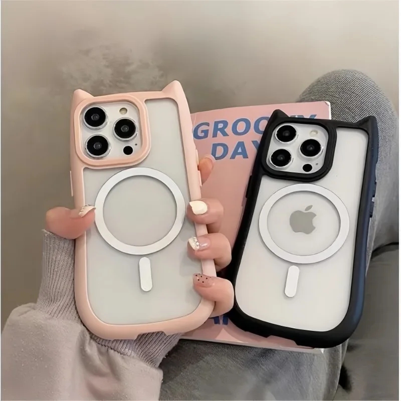 Korea Soft Silicone Cute Cat Ear Magsafe Phone Case For iPhone 11 13 12 14 15 Pro Max Transparent Shockproof Hard Acrylic Bumper