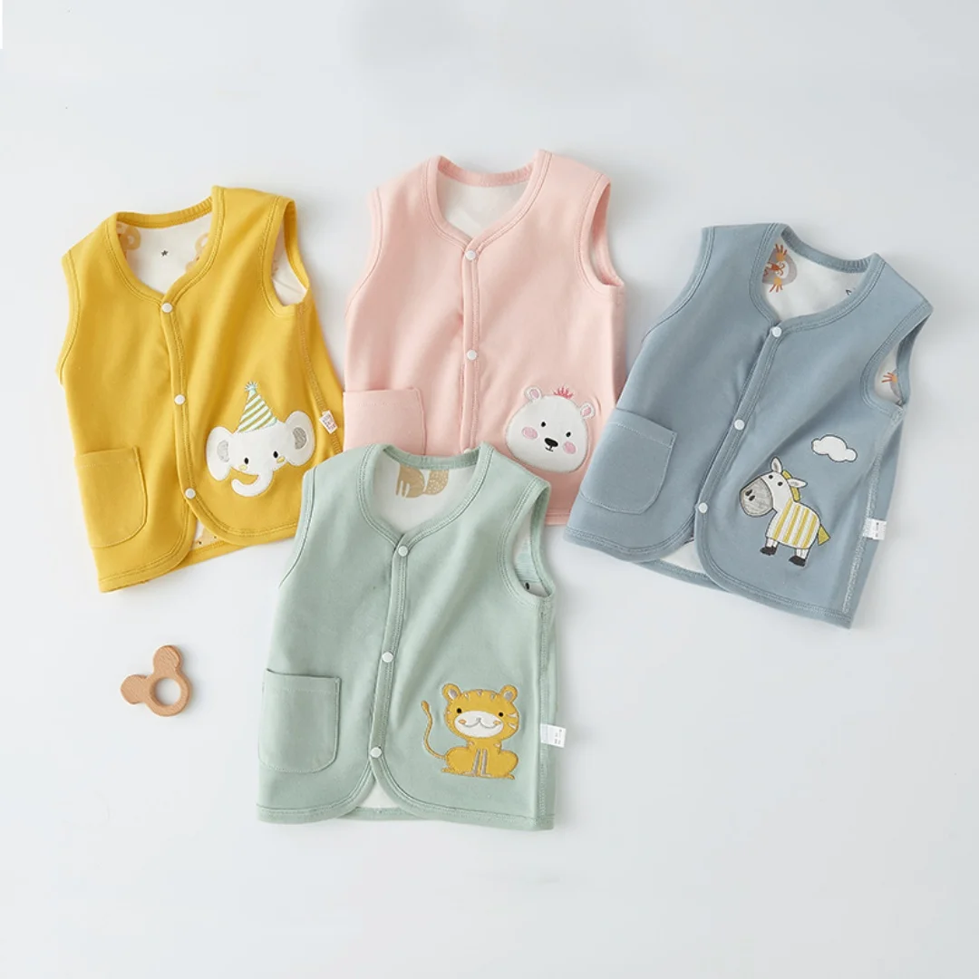 Newborn Kids Autumn Winter Cotton Pink Vest Double Side Wear Infant Baby Boy Girl Cartoon Printed Sleeveless Cardigan Vest Tops