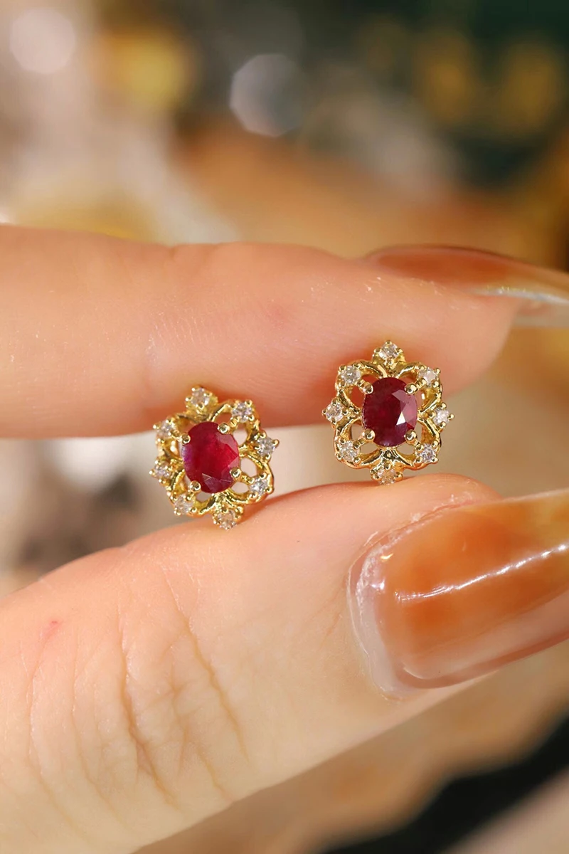 KUGG 100% 18K Yellow Gold Earrings Vintage Palace Style Natural Diamond Natural Ruby Earrings for Women High Wedding Jewelry