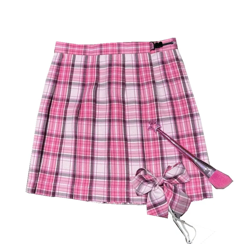 Mini Skirts With Bowtie Women Summer Japanese School Pleated Skirt High Waist Kawaii Cute Purple Plaid Skirt Uniform Harajukur