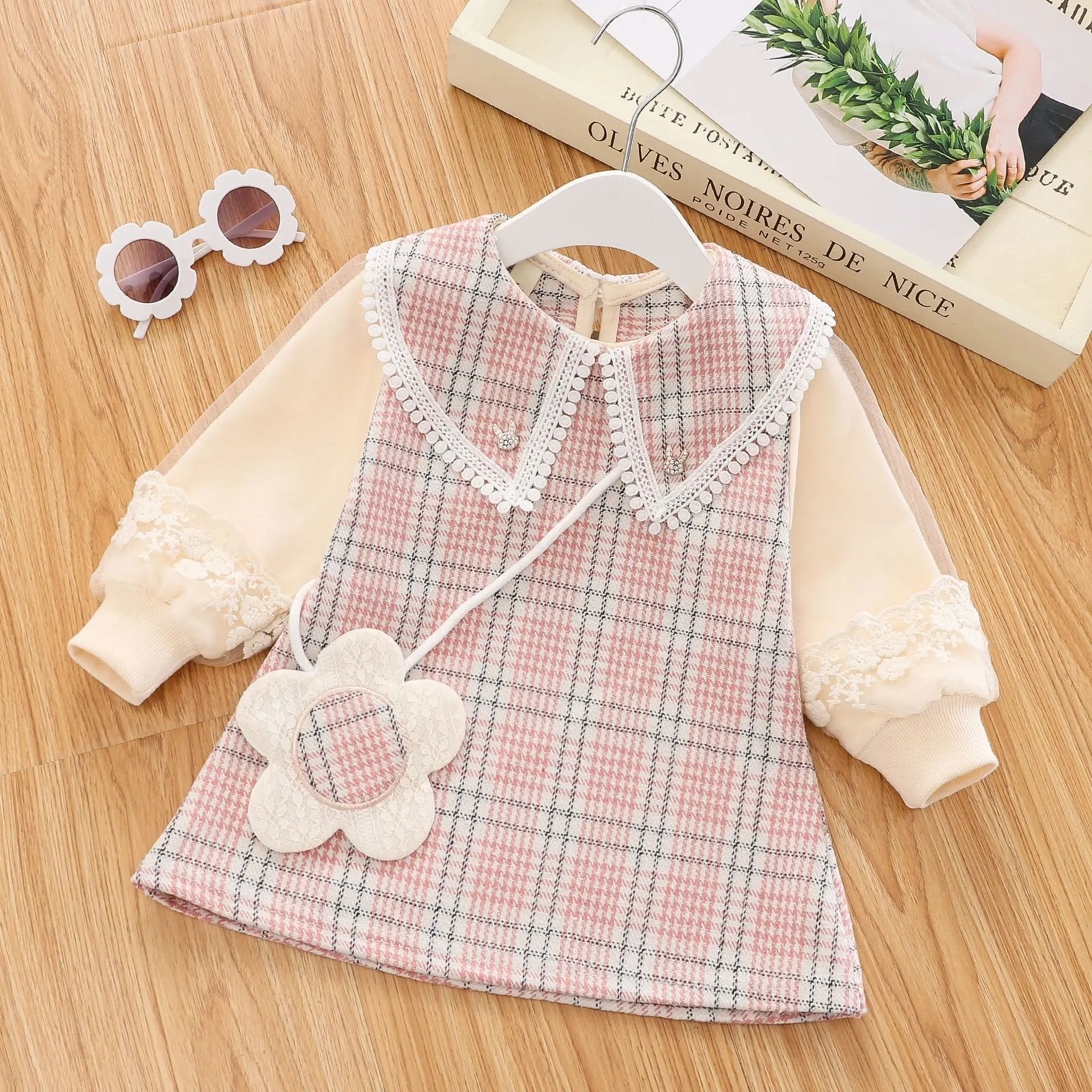 

Baby Girl Dress Spring And Autumn Plaid Doll Collar Lace Edge Girl Kid's Dress Cute Casual Children Dresses With Bag
