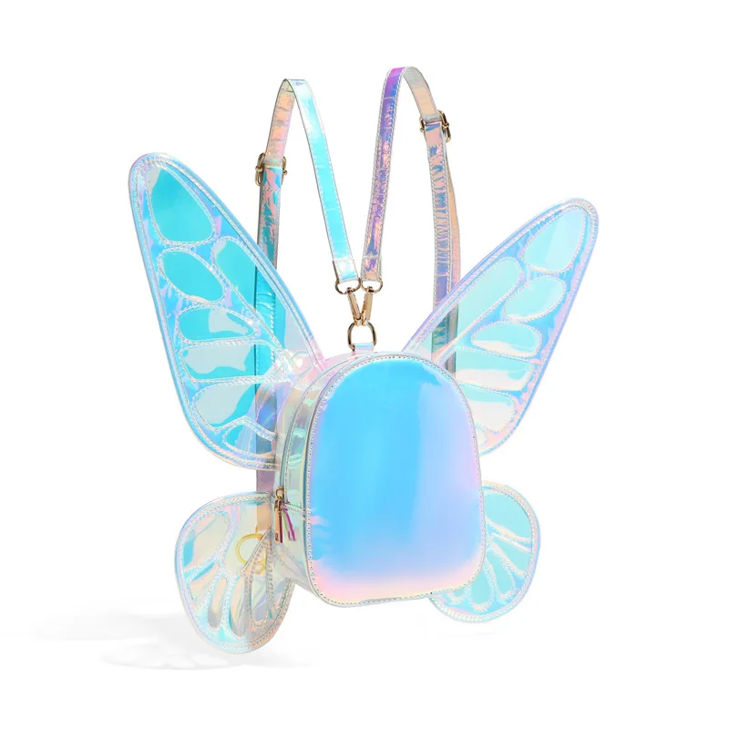 Mini mochila láser de piel holográfica para mujer, de viaje con alas de mariposa y Ángel morral, bolso escolar para niña, novedad de 2024