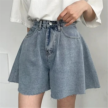 REALEFT 여성용 빈티지 워싱 A 라인 데님 반바지, 미드 웨이스트 캐주얼 청바지 바지, 포켓 여성, 2024 여름 신상 