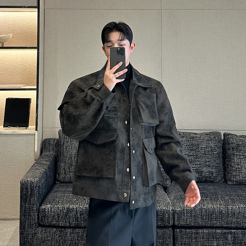 

Retro Autumn Winter Deer Skin Velvet Multi ket Workwear Jaet Men's Patchwork Leather Motorcycle Sle Casual Long Sve...