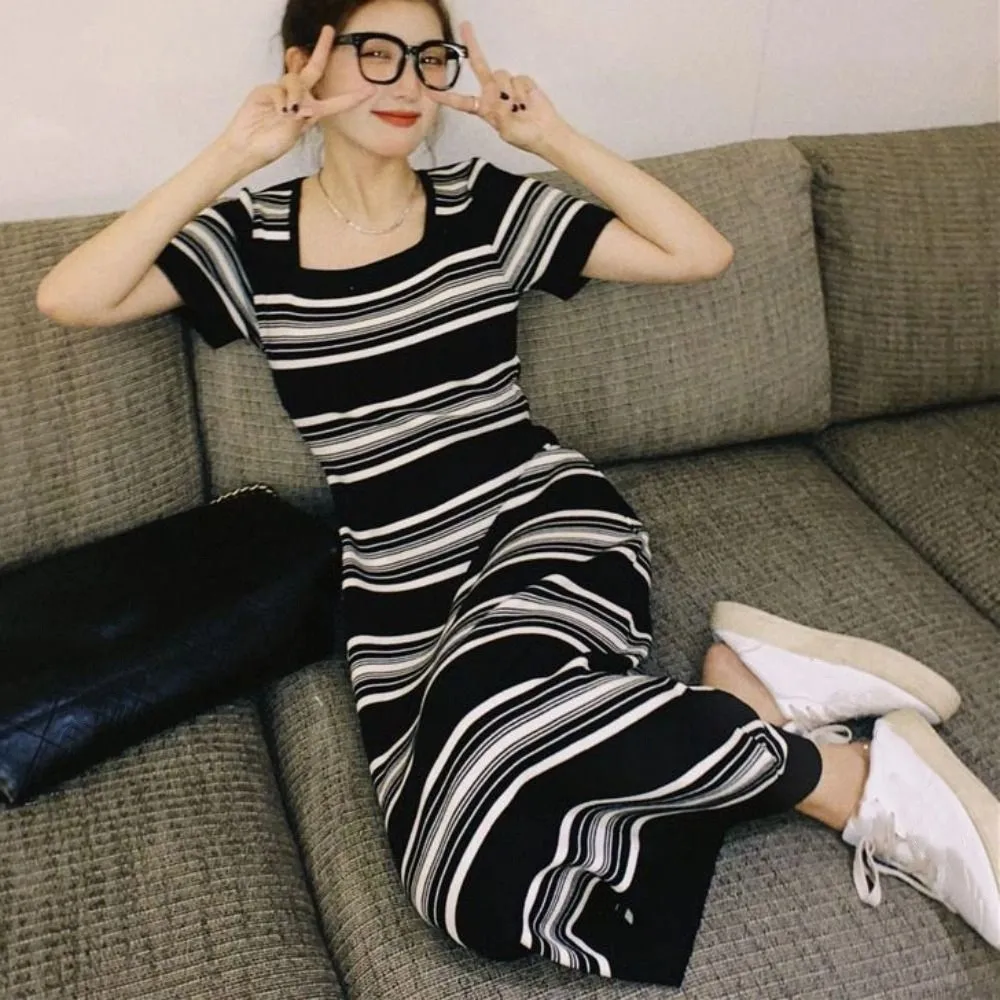 

Korean Style Square Neck Stripe Long Dress Slim Fit Beachwear Short Sleeve Dresses Spicy Girl Simple Stripe Knitted Dress Ladies