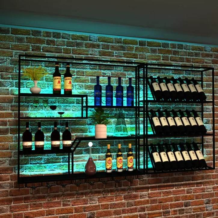

#@Factory-made iron art wall-mounted wine rack, decorative display stand, display shelf, wine cabinet with light effect