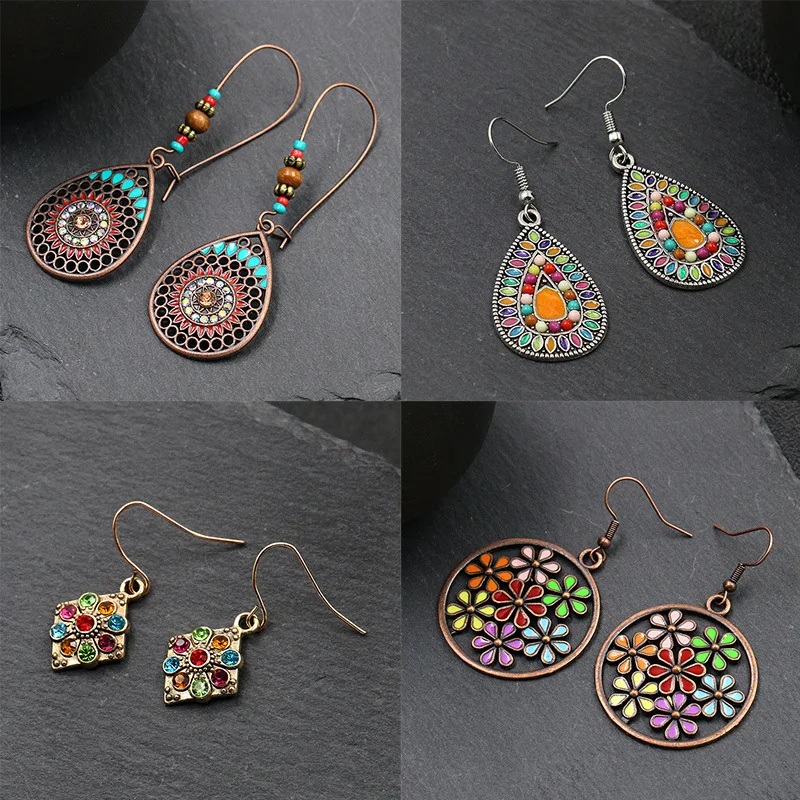 Vintage Bohemian Drop Dangle Earrings For Women Long Crystal Flower Hollow Geometric Enamel Ethnic Boho Wedding Earrings Jewelry