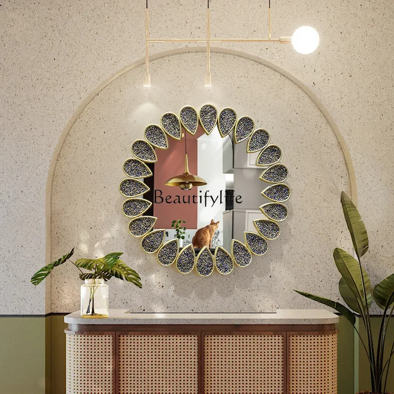 FG43*Restaurant sun decorative mirror entrance wall hanging background wall wall feather metal hanging mirror