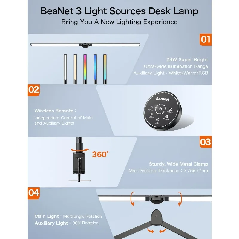 Lampu meja LED dengan penjepit, lampu meja arsitek untuk kantor rumah, lampu Ultra terang 24W dengan lampu suasana RGB, Remote