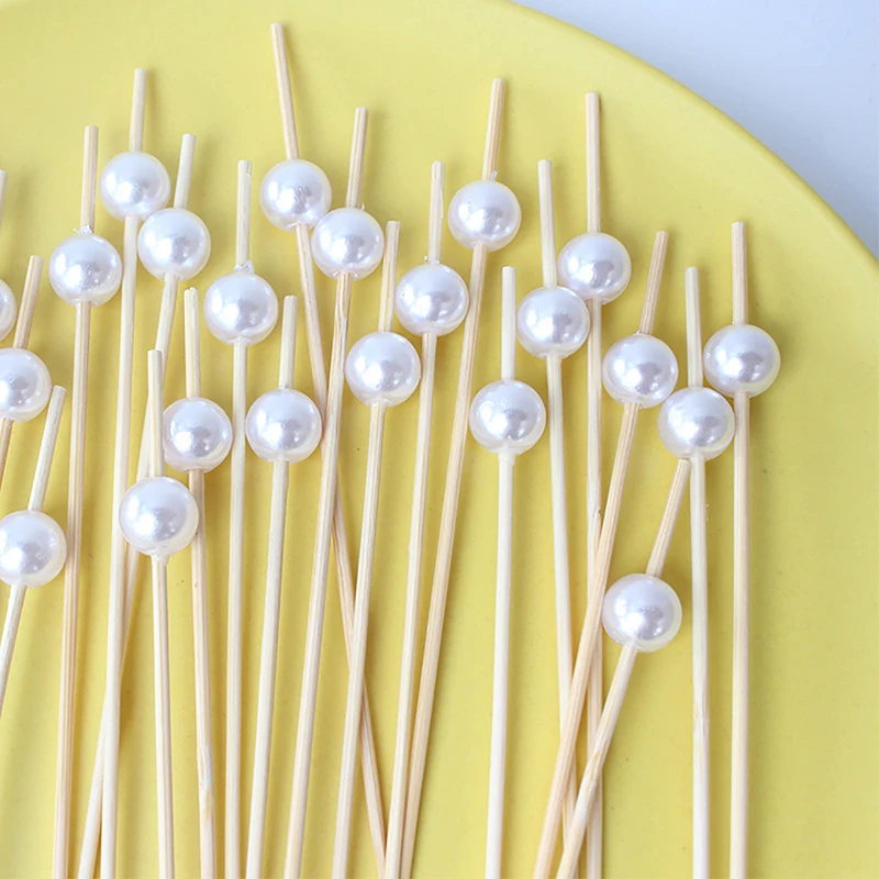 100 Pcs 12CM White Pearl Bamboo Food Fruit Picks Party Disposable Cake Dessert Cocktail Sticks Buffet Cupcake Toothpick Skewer